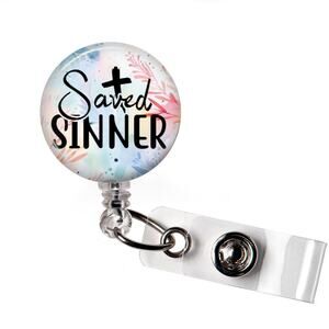 Saved Sinner Badge Reel Christian Religious Floral ID Holder